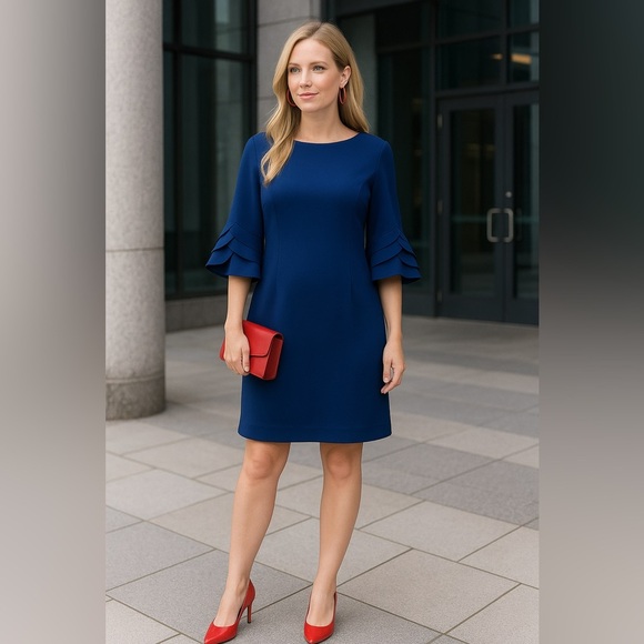 DKNY Navy Shift Dress Size 12 Scalloped Split Sleeves. Weddings Professional - Picture 1 of 5